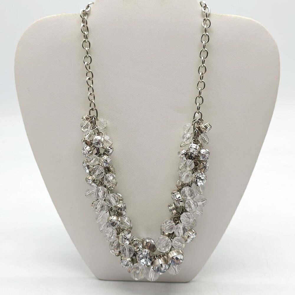 Silver Tone Chain Necklace With Clear Faceted Beads Crystal Accents CHA CHA